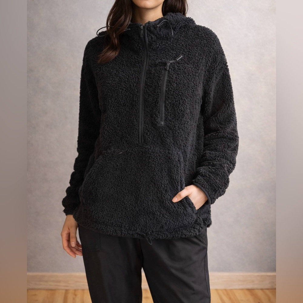 Victoria’s Secret PINK Sherpa Pullover Hoodie Black 1/4 Zip Large EUC